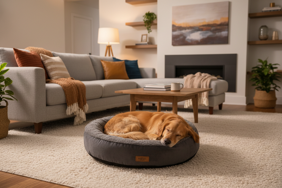 pet dog bed in the living room with the dog in in